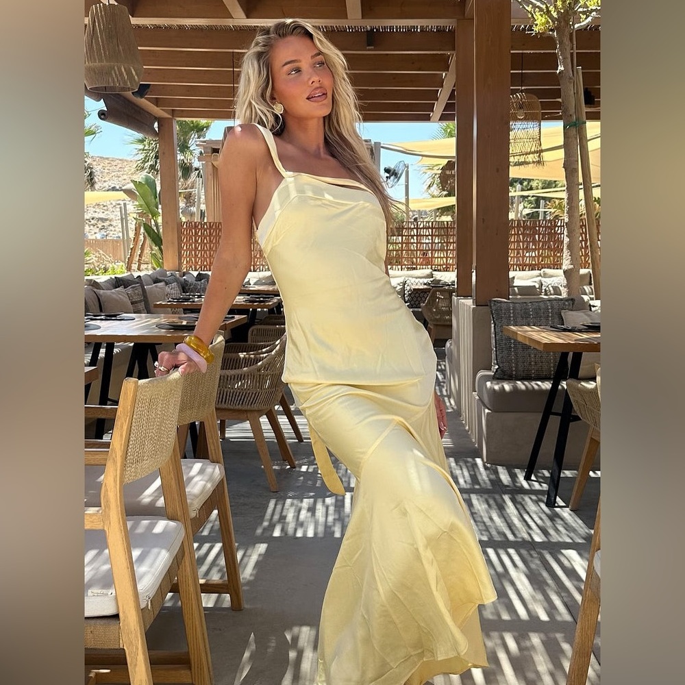 White Fox Boutique Pale Yellow Satin Maxi Dress
